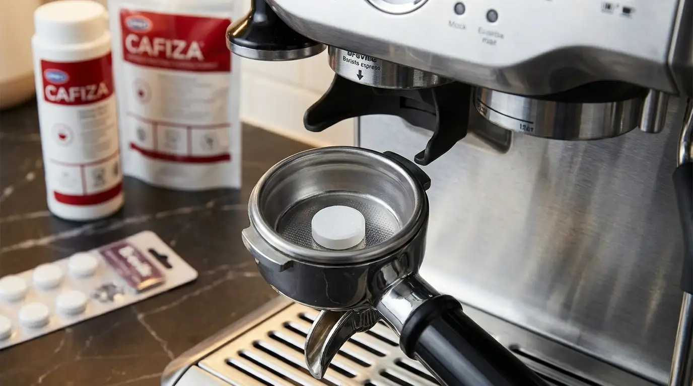 Breville portafilter with blind basket and cleaning tablet ready for the cleaning cycle