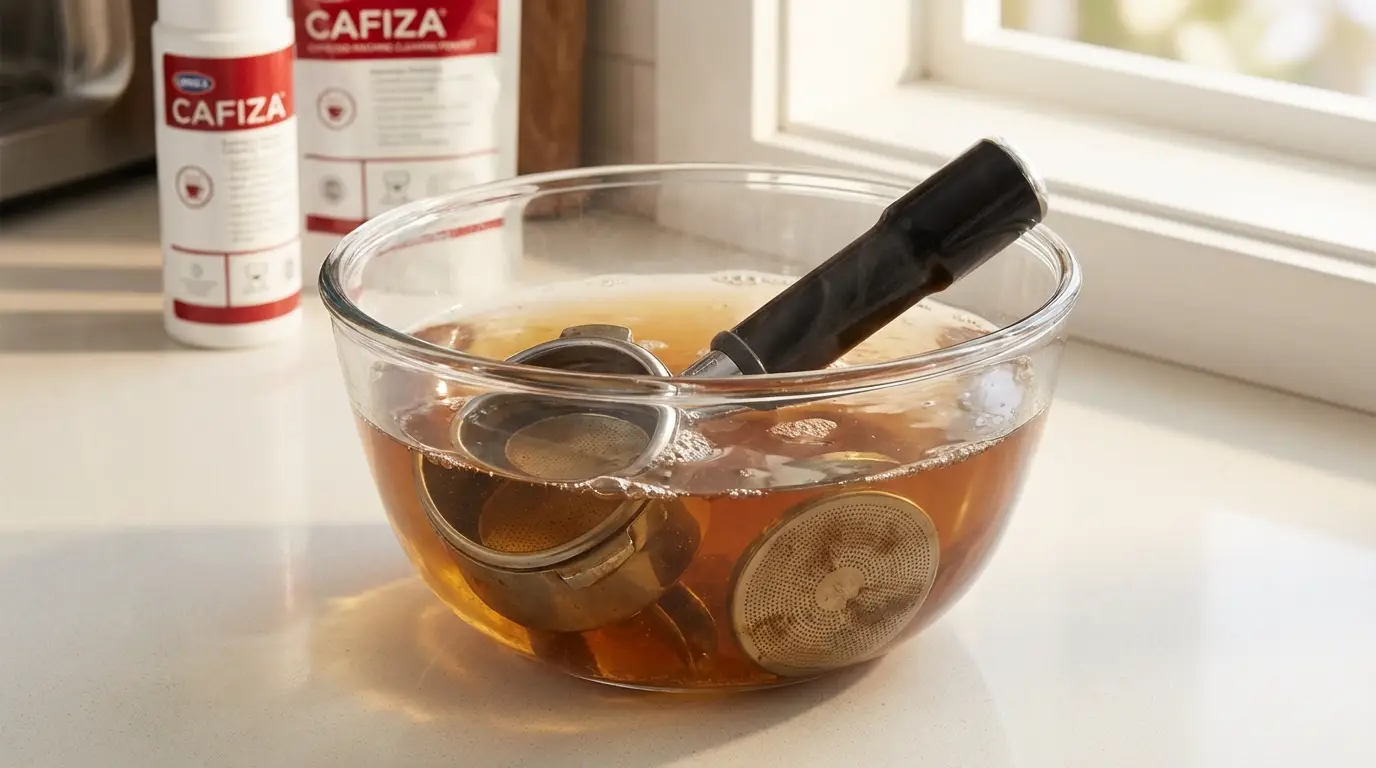 Breville portafilter basket and shower screen soaking in Cafiza cleaning solution in a glass bowl