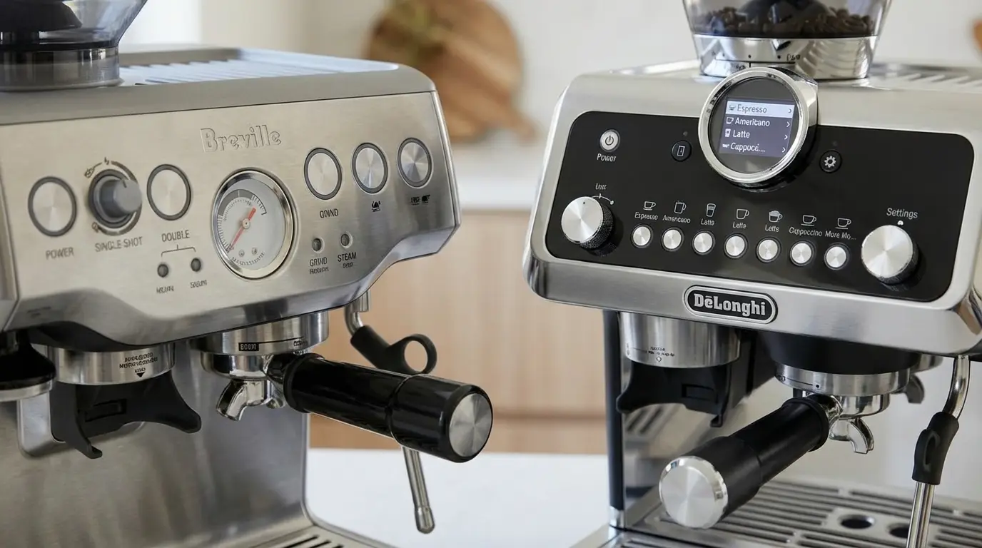 Close-up comparison of Breville button layout with pressure gauge vs DeLonghi digital display and drink menus