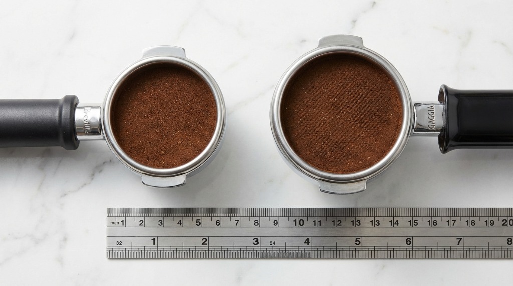 54mm vs 58mm portafilter comparison with ruler