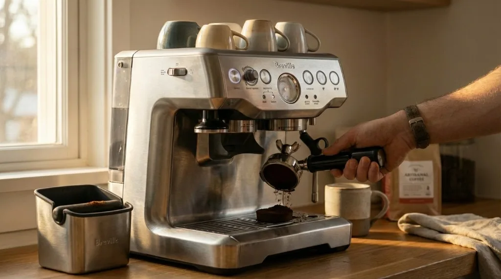 Knocking out coffee puck into knock box between shots