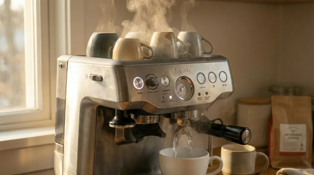 Water flowing through empty portafilter during blank shot flush