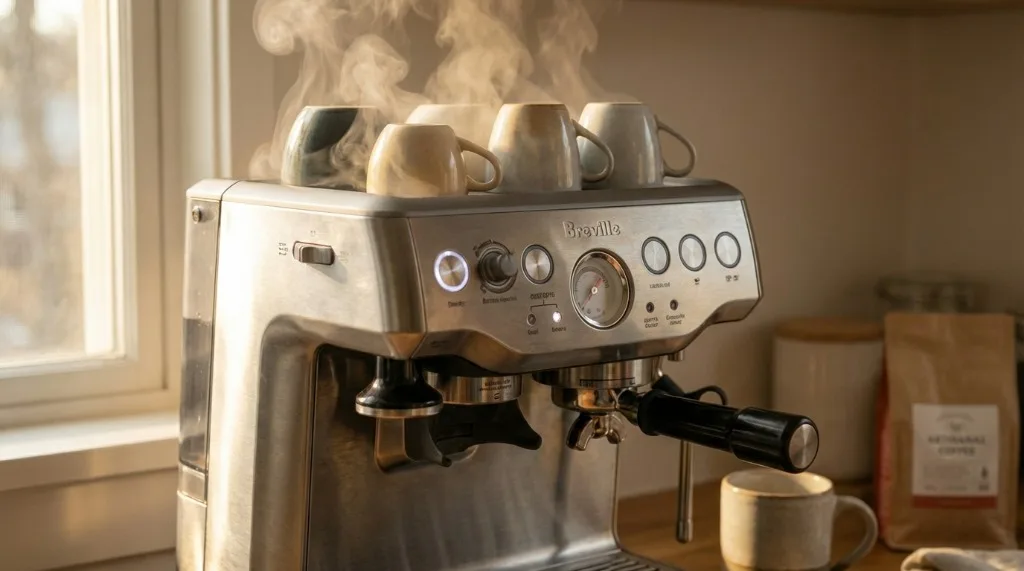 Breville machine warming up with steam rising from cup tray