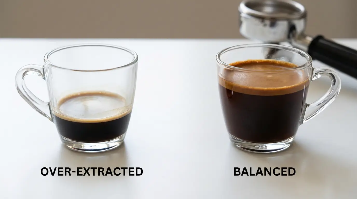 Side-by-side of over-extracted dark shot vs balanced dark roast shot showing crema and color difference