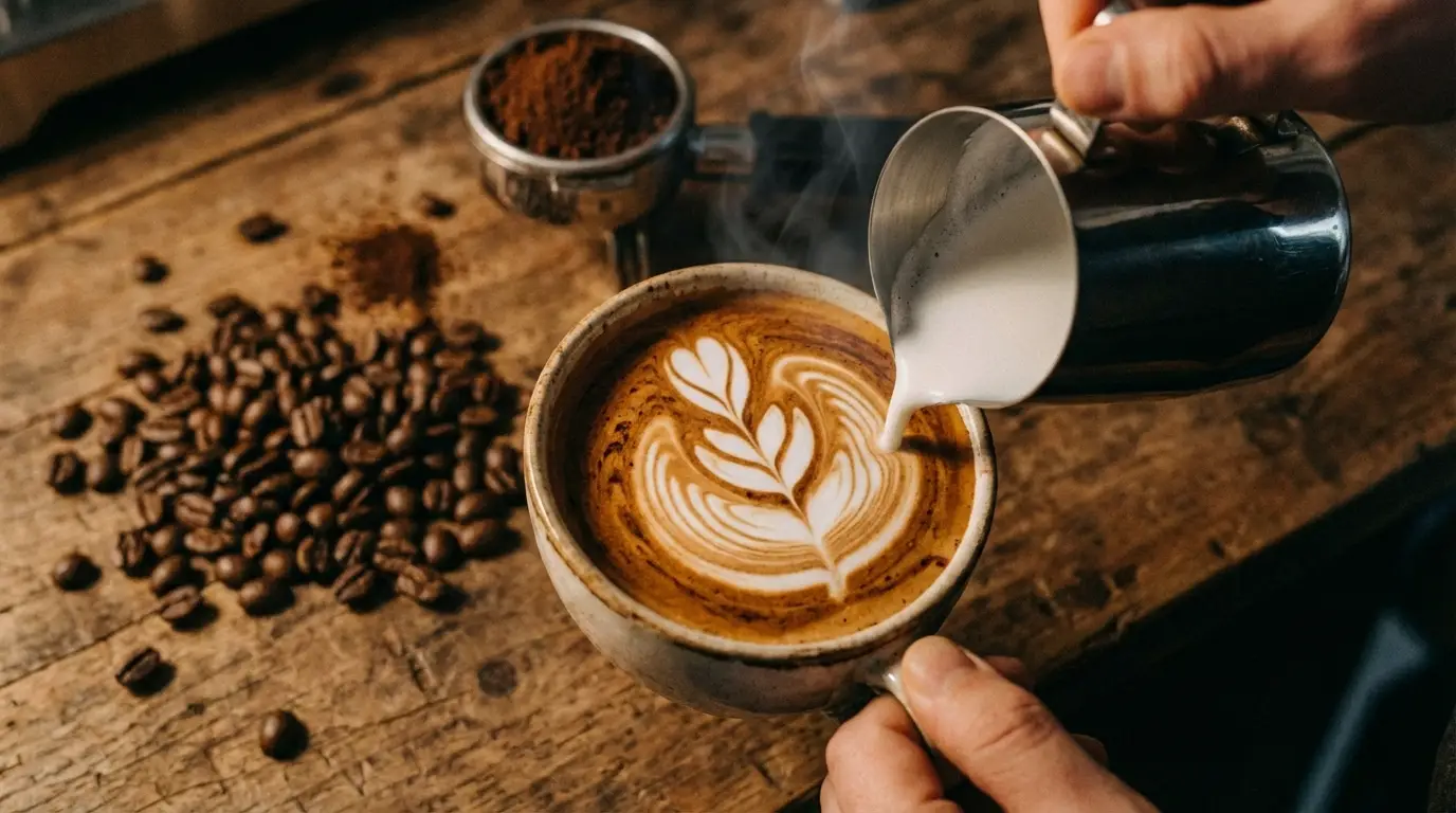Beautiful latte with latte art made from dark roast espresso in a wide ceramic cup