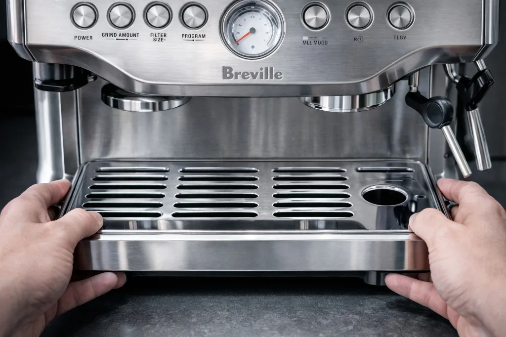 Clean drip tray being reinstalled into Breville espresso machine