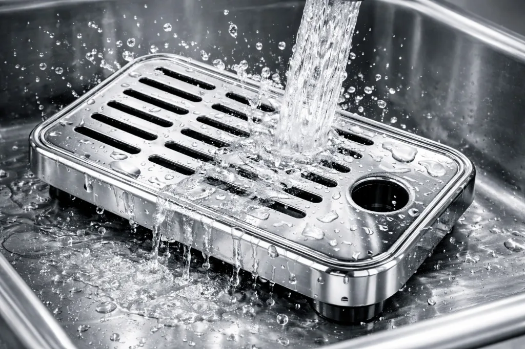 Clean drip tray being rinsed under running water