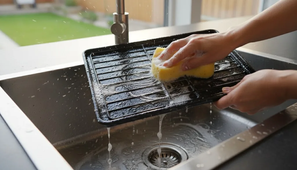 Scrubbing drip tray grid with sponge in sink