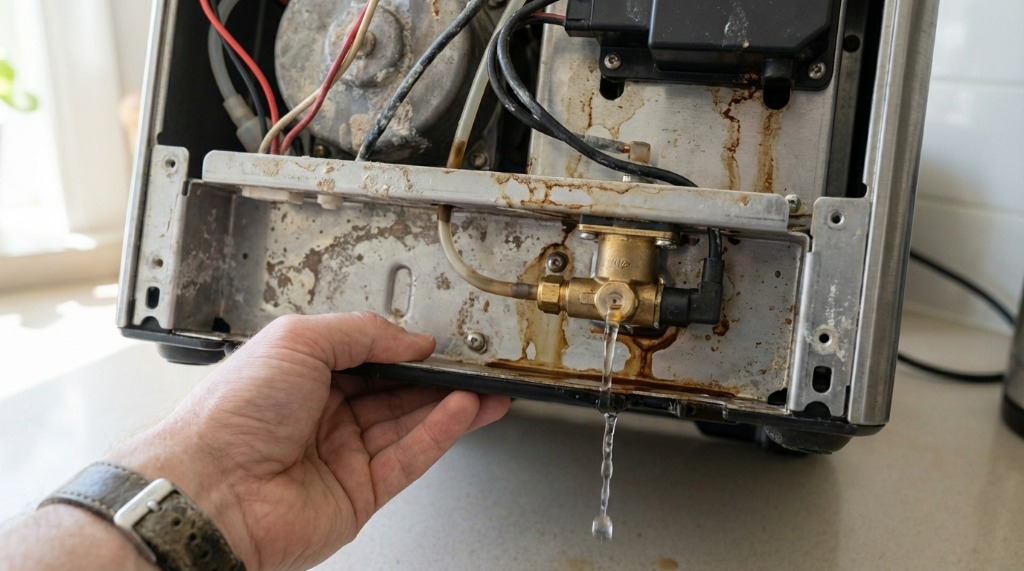 Internal view of espresso machine showing potential leak points