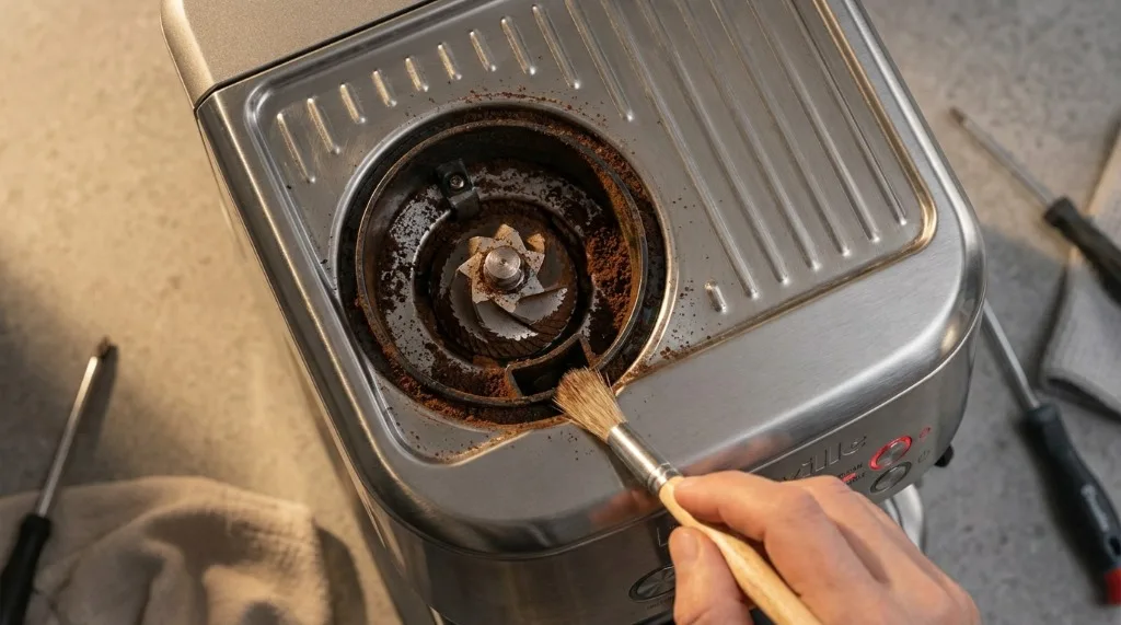 Cleaning the grinder burrs with a brush
