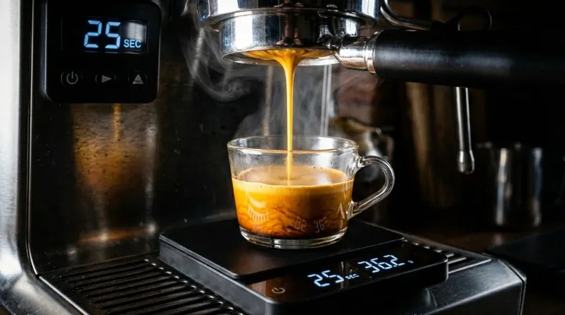 Coffee scale with timer showing extraction
