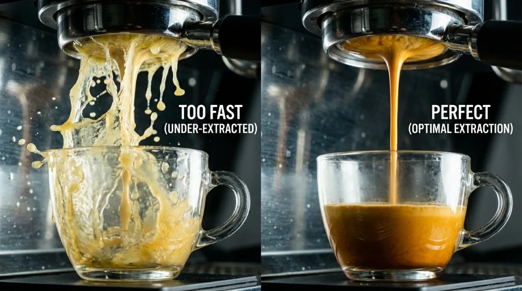 Comparison of a fast gushing espresso shot vs a perfect syrupy extraction