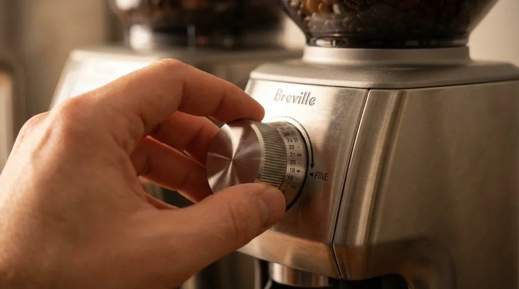 Close-up of adjusting the grind size dial on a Breville espresso machine