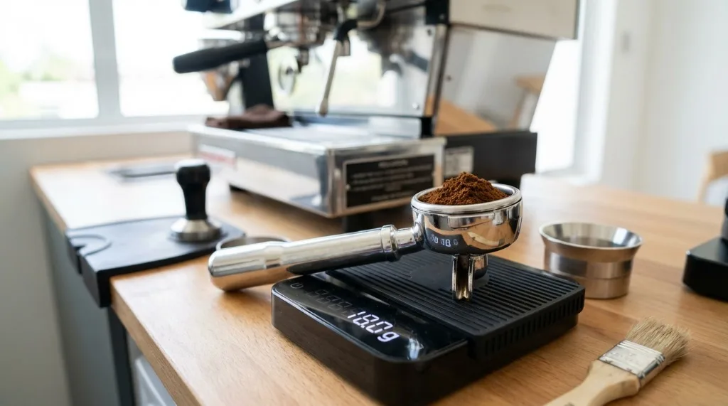 Weighing coffee grounds in a portafilter using a digital scale
