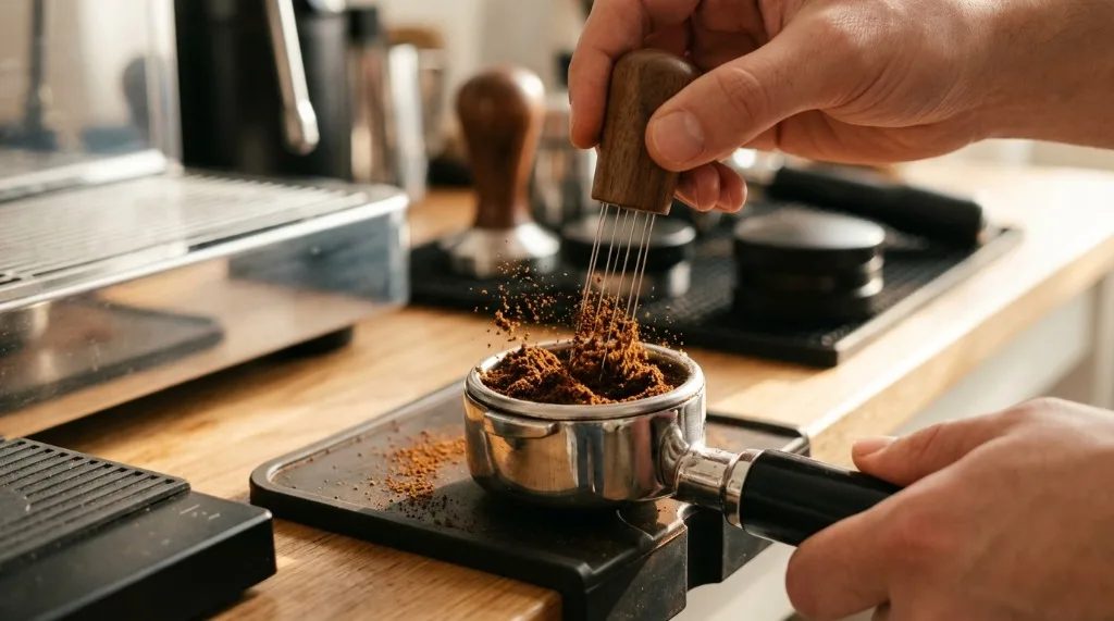 Using a WDT tool to stir coffee grounds in a portafilter basket