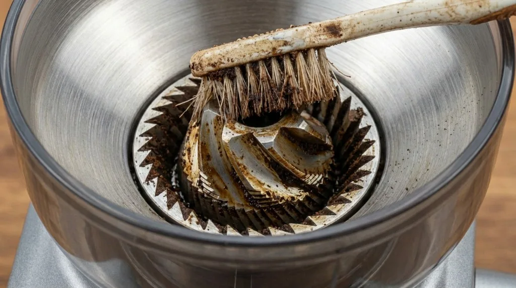 Cleaning stainless steel burr teeth with a brush