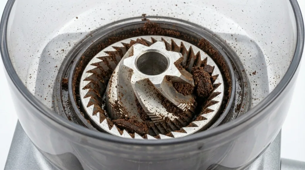 Coffee debris in the impeller area of a Breville grinder
