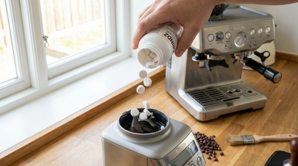 Pouring grinder cleaning tablets into Breville grinder