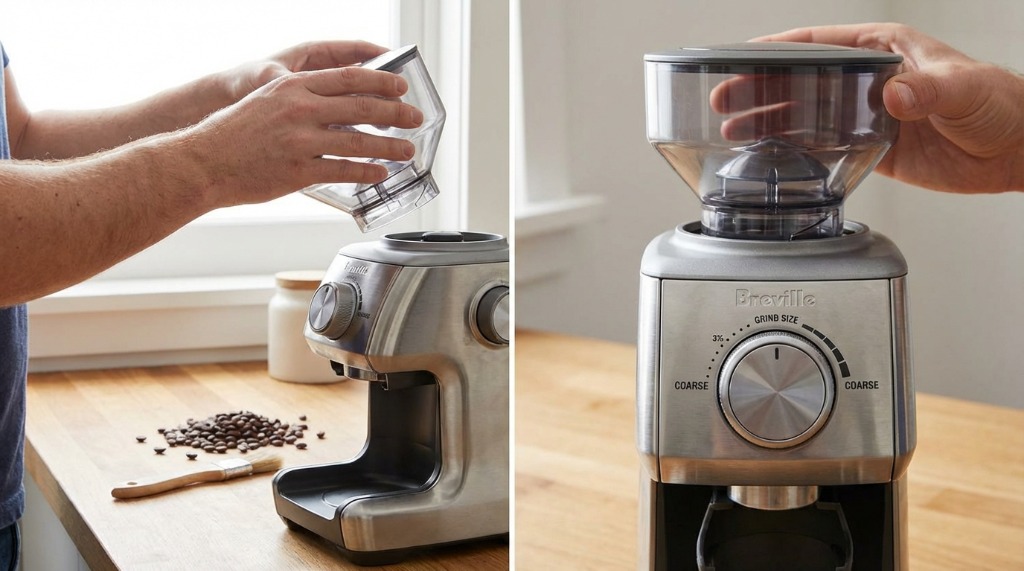 Hands removing bean hopper from Breville grinder