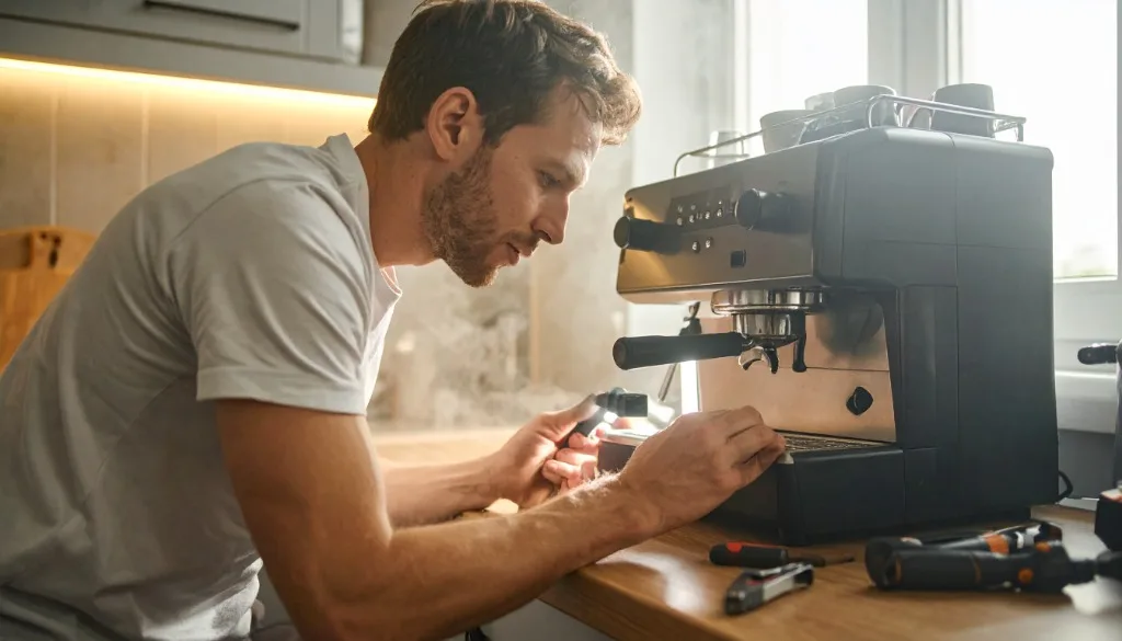 Person inspecting espresso machine for leaks