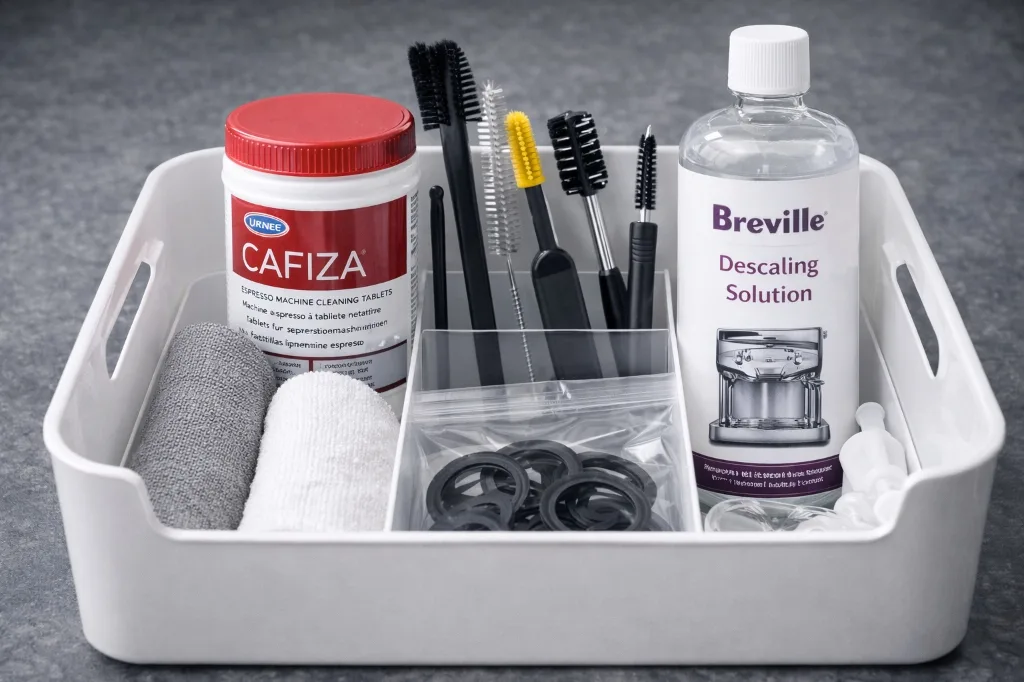 Complete maintenance supply kit with Cafiza, descaler, brushes and spare gaskets