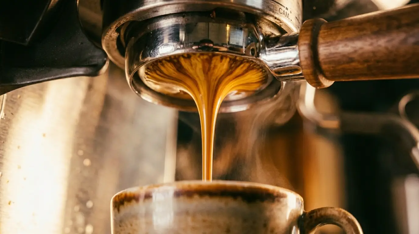 Perfect espresso extraction through a naked portafilter showing a single centered stream with rich crema