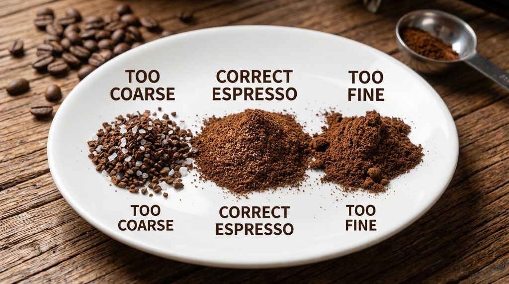Coffee grind size comparison - too coarse, correct espresso, too fine