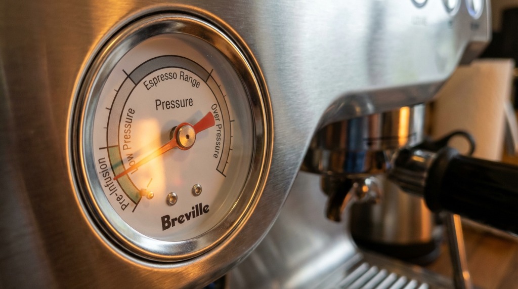 Breville pressure gauge showing low pressure during extraction