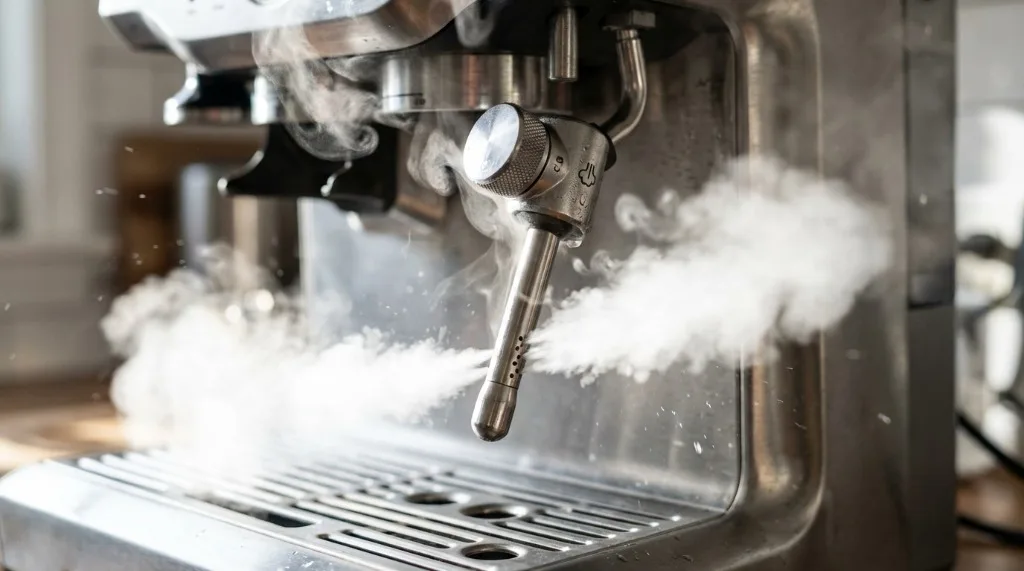 Breville steam wand releasing a burst of steam