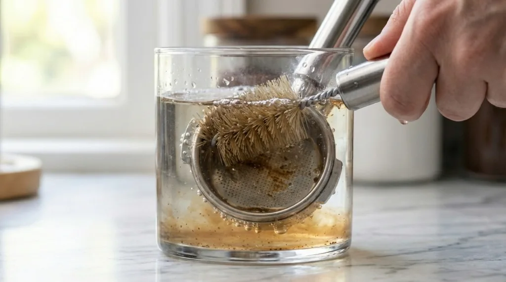 Brushing portafilter basket holes with cleaning brush
