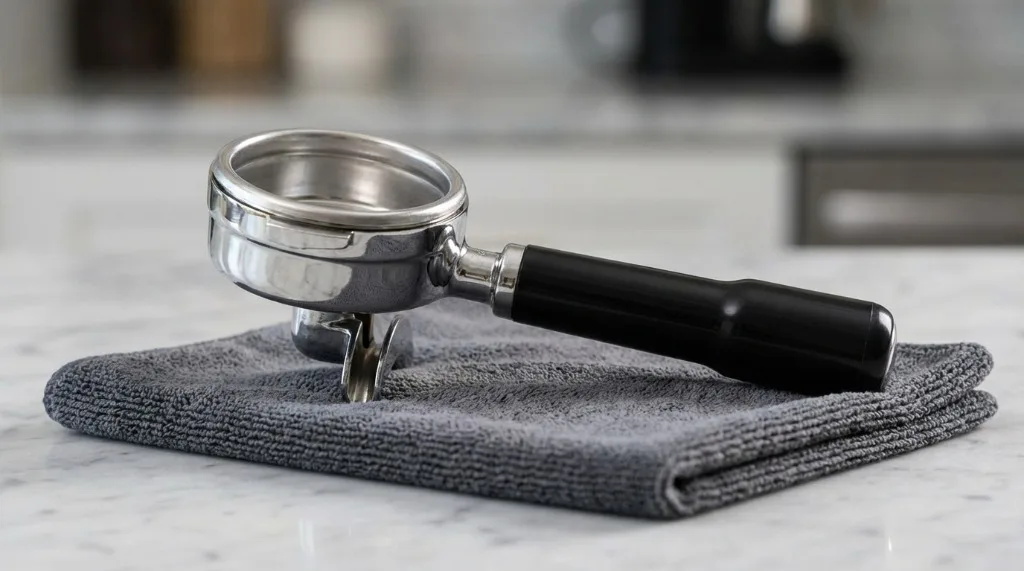 Clean dry portafilter on microfiber cloth