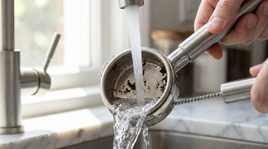 Rinsing portafilter basket under running water