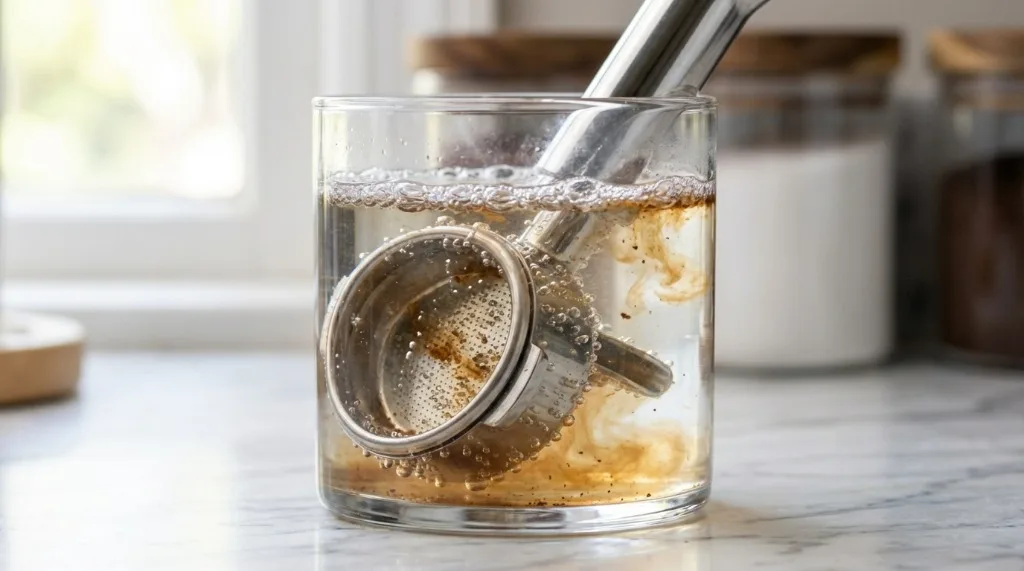 Portafilter basket soaking in cleaning solution