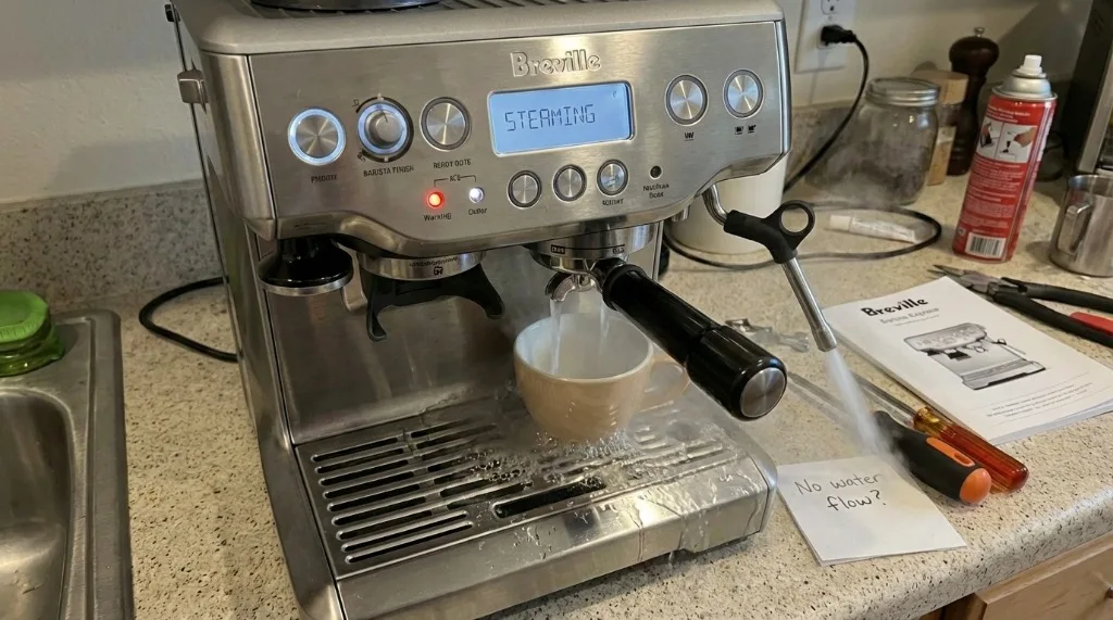 Water flowing from the steam wand during the priming process
