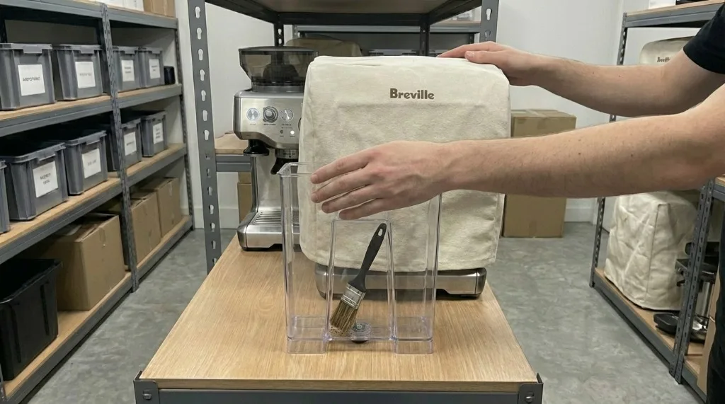 Person placing a breathable fabric cover over a Breville machine