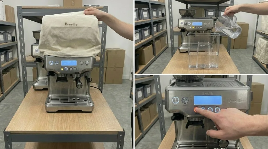 Split image showing machine reactivation: removing cover, filling tank, and powering on