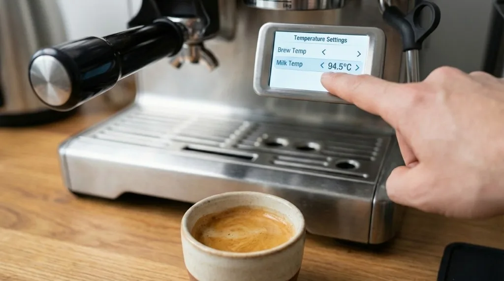 Person adjusting temperature settings on a Breville LCD screen