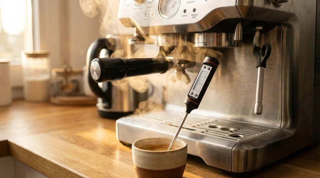 Breville machine warming up with steam rising