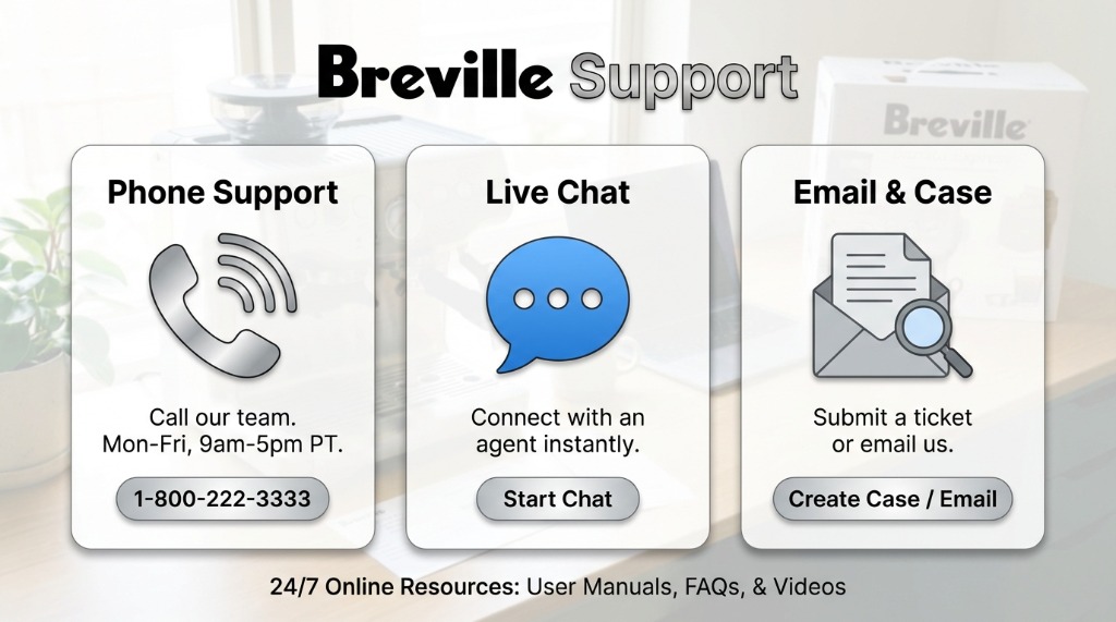 Breville Espresso Machine Support Contact Channels Infographic