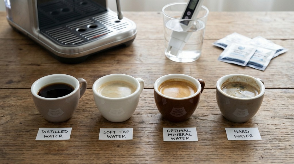 Four espresso shots comparing different water types