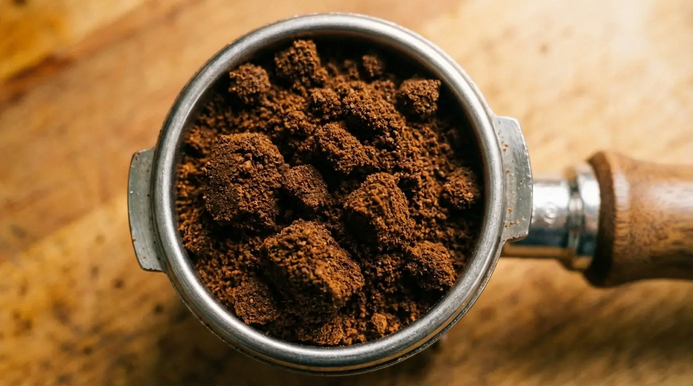 Close-up of clumpy coffee grounds in a Breville 54mm portafilter basket showing uneven distribution