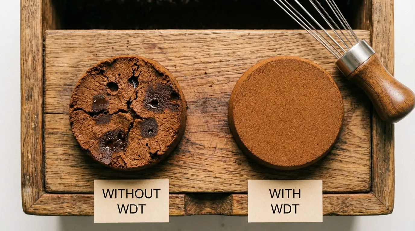 Side-by-side comparison of espresso pucks: without WDT showing holes vs with WDT showing even surface