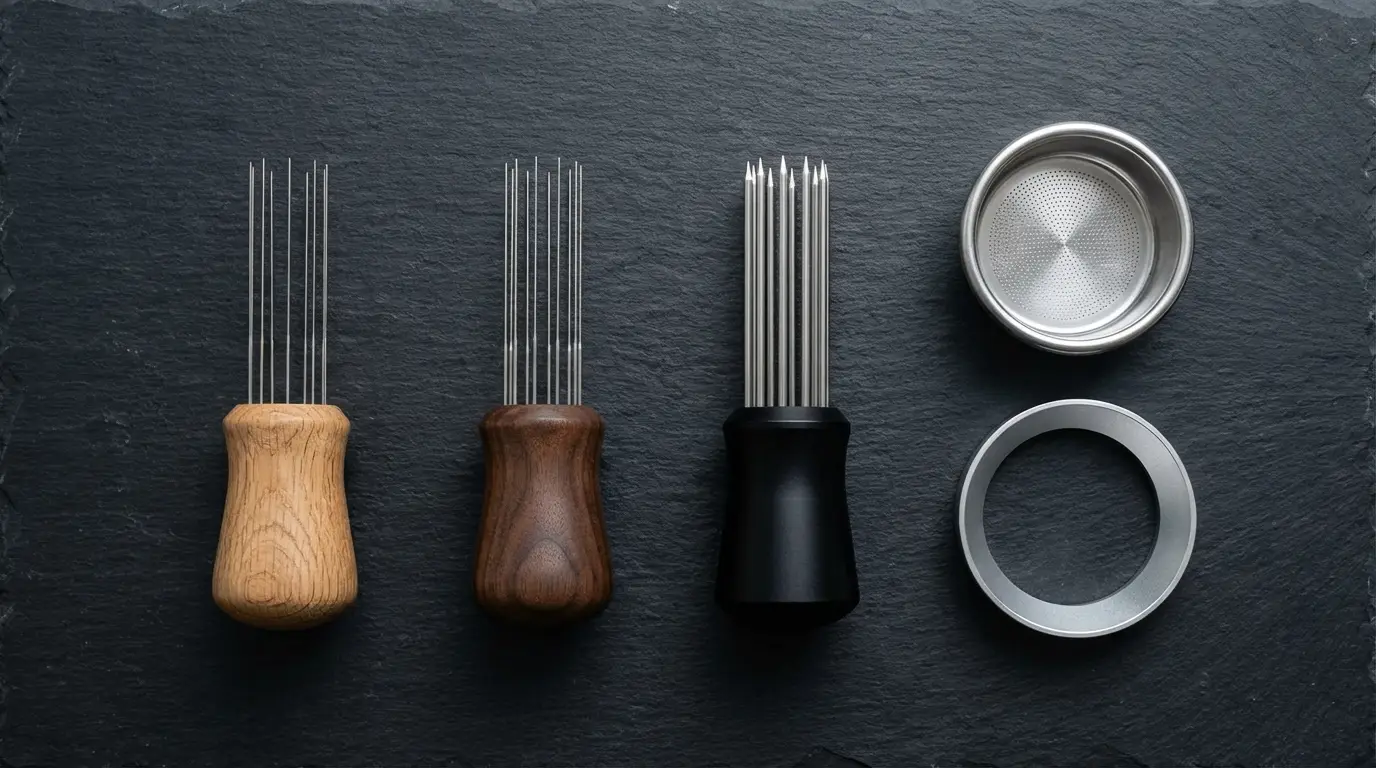 Lineup of commercial WDT espresso distribution tools on a dark slate surface with Breville portafilter basket