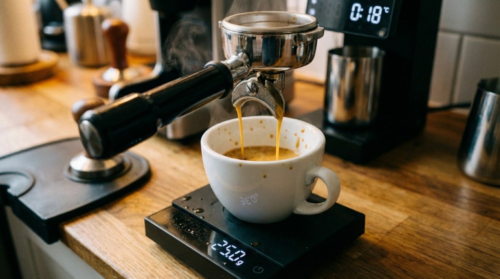 Espresso extracting into cup on scale showing weight climbing