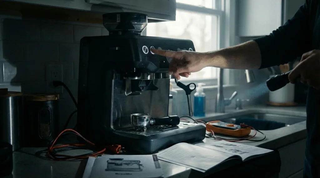 Hand pressing power button on a dead espresso machine